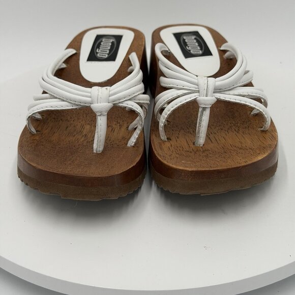 Vintage 90s Y2K Bongo Wood Platform Wedge Heels White Leather Thong Sandals Sz 6 - Picture 3 of 8